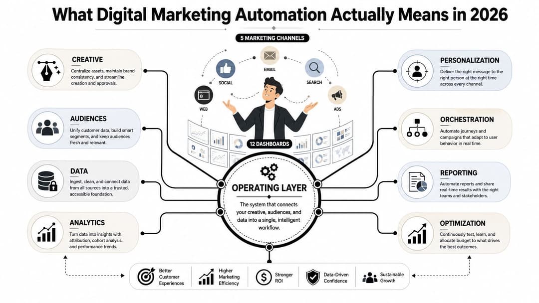 A diagram illustrating digital marketing automation in 2026, showing core functions, channels, and benefits of the operating layer.