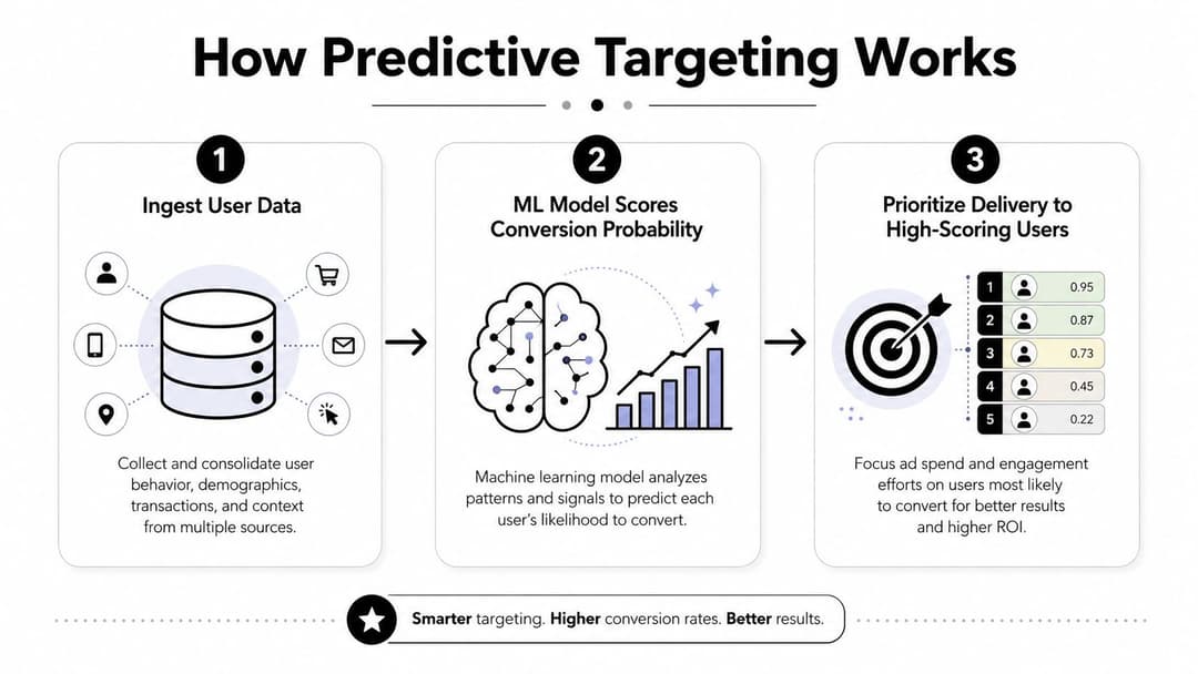 A three-step infographic showing how predictive targeting works by ingesting user data, using machine learning, and prioritizing high-scoring users.