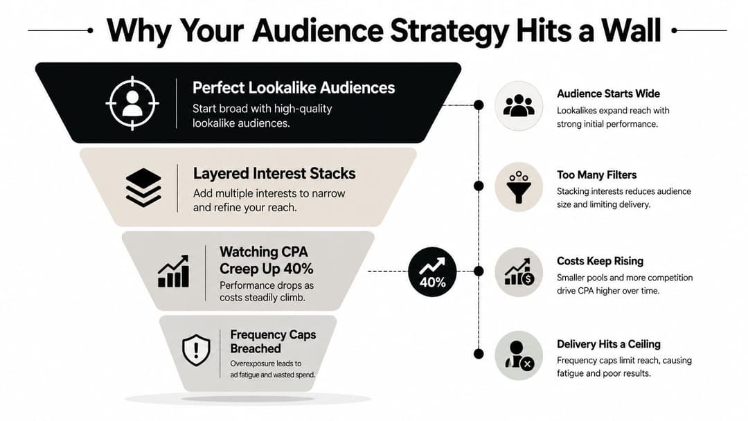 A funnel diagram illustrating the four stages of why an audience strategy might fail over time.