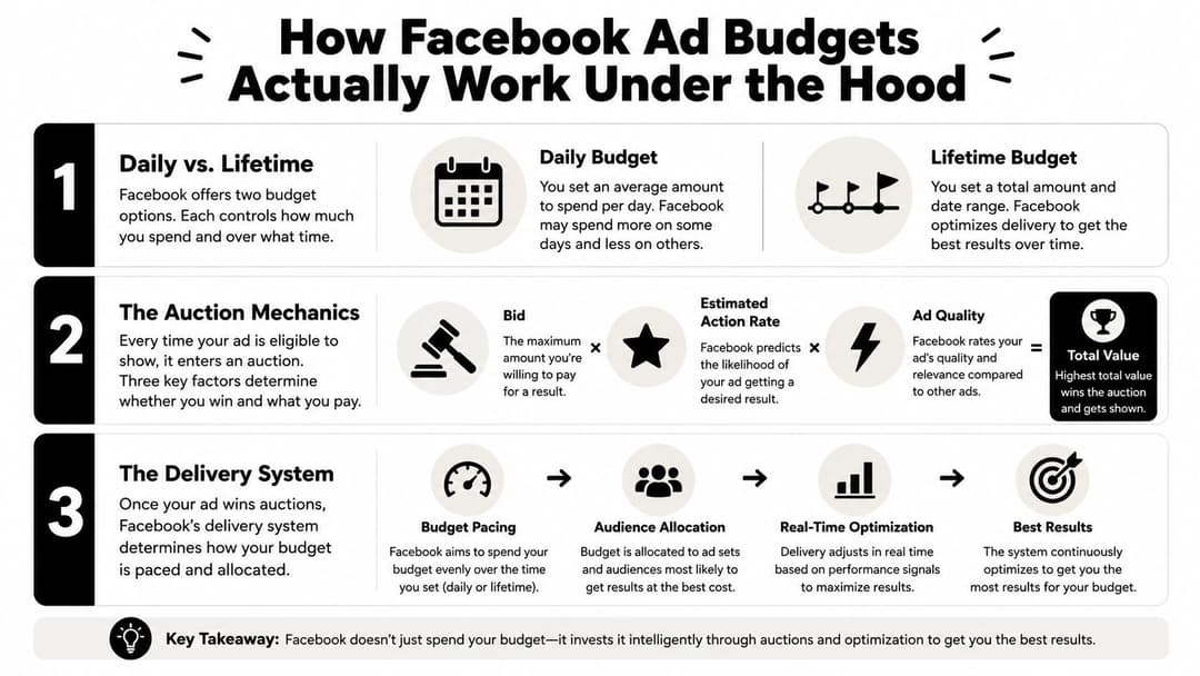 An infographic titled How Facebook Ad Budgets Actually Work Under the Hood, explaining budget types, auctions, and delivery.