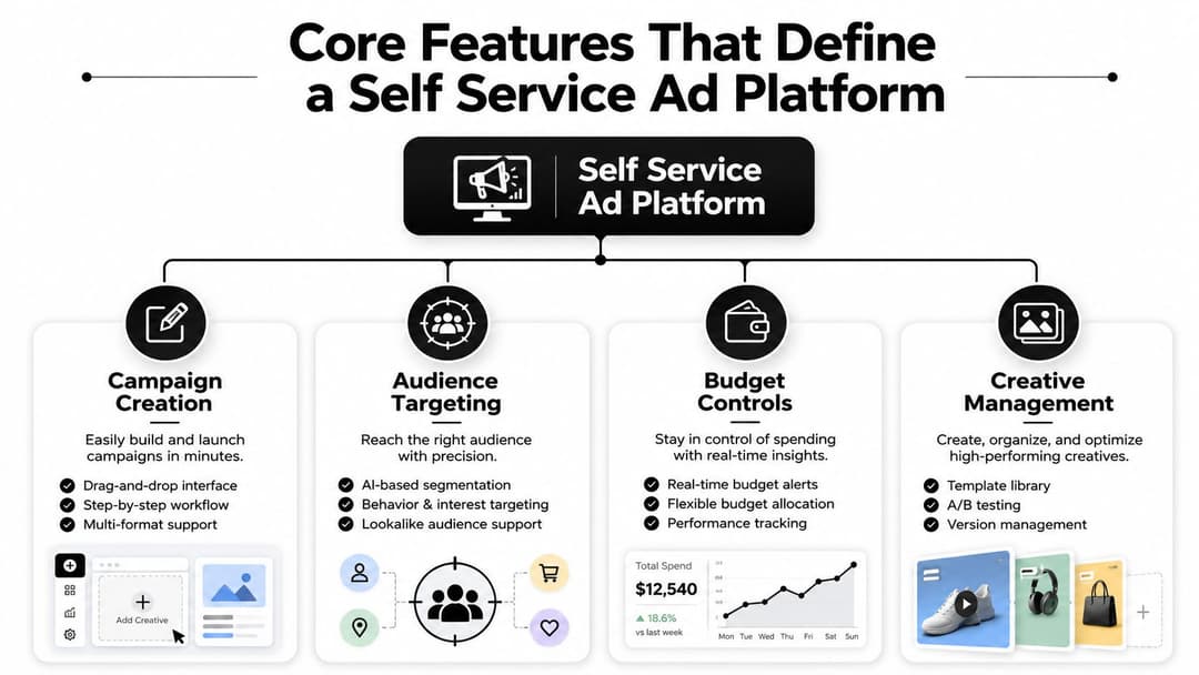 A diagram outlining the four core features of a self service ad platform including creation, targeting, budget, and creative management.