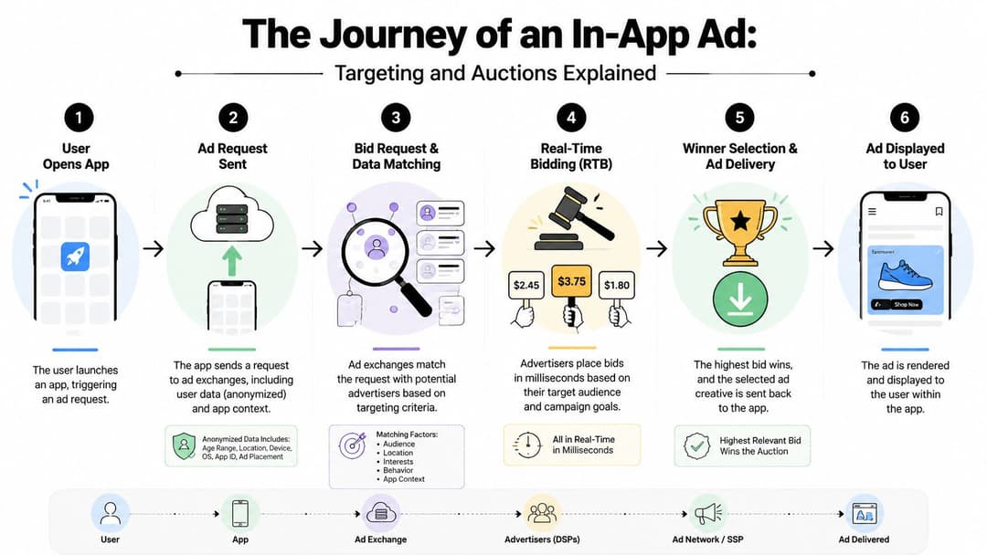 A six-step infographic illustrating the journey of an in-app ad from user action to final display.