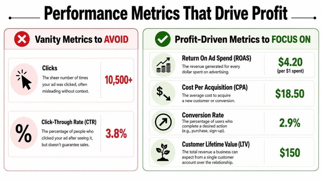A comparison chart showing vanity metrics like clicks and CTR versus profit-driven metrics like ROAS and LTV.