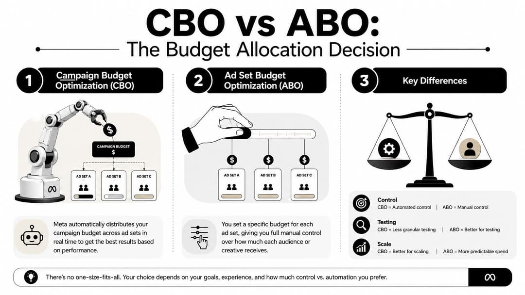 An infographic comparing Campaign Budget Optimization and Ad Set Budget Optimization for Facebook advertising strategies.