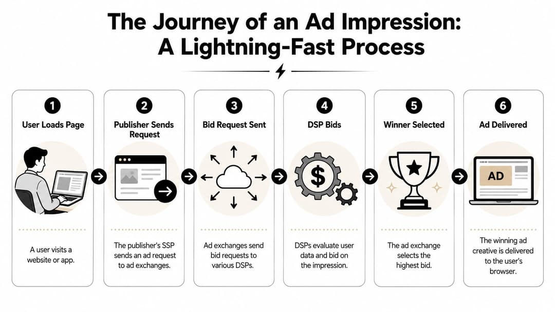 A diagram illustrating the six-step process of an ad impression from user page load to delivery.