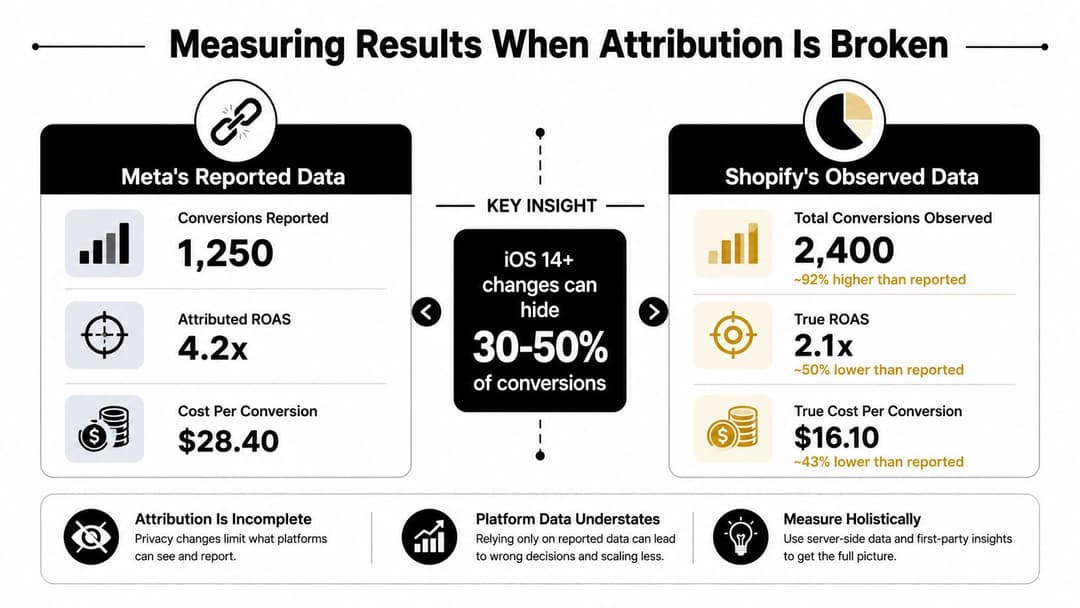A comparative infographic showing data discrepancies between Meta's reported conversion metrics and Shopify's actual observed store data.