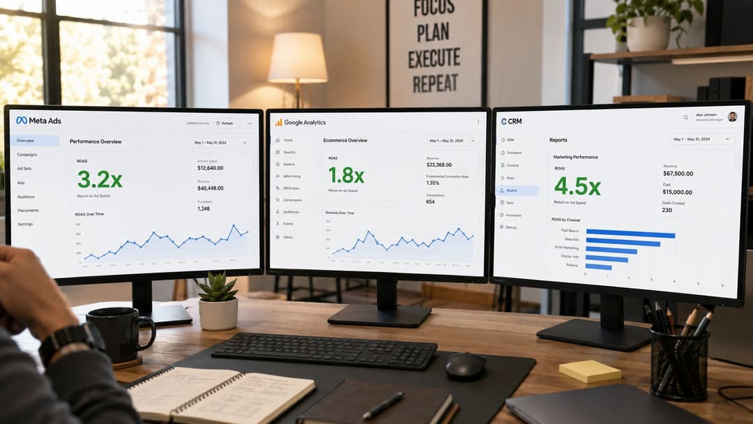 A professional workspace featuring three computer monitors displaying marketing analytics dashboards showing ROAS and revenue metrics.