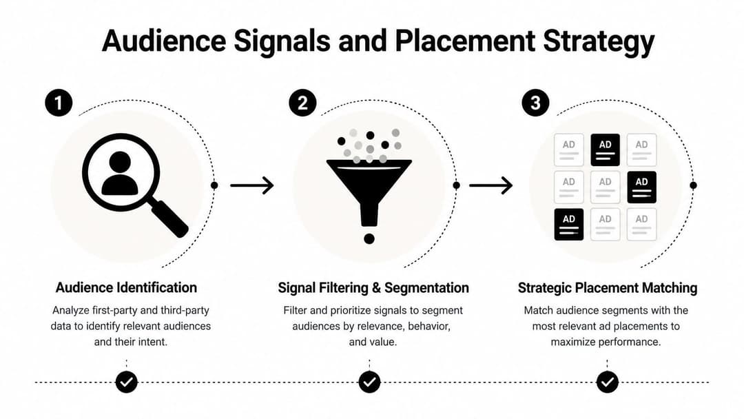 A three-step infographic explaining the process of audience identification, signal filtering, and strategic ad placement matching.