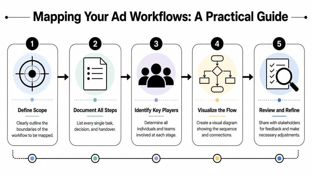 A five-step infographic illustrating a practical guide for mapping advertisement workflows from scope to refinement.