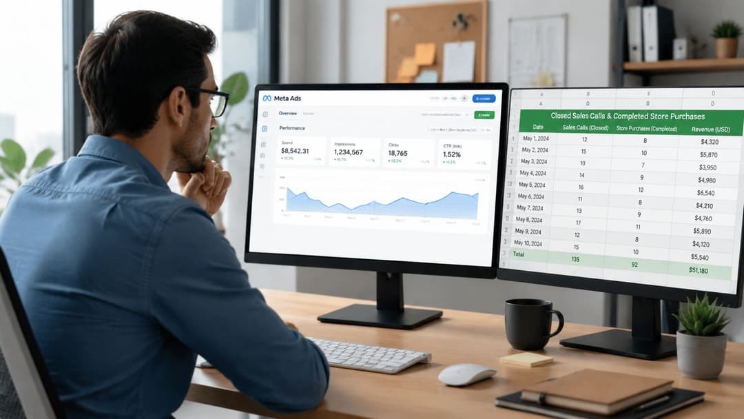 A professional analyzing digital marketing metrics and offline conversion data on dual computer monitors in an office.