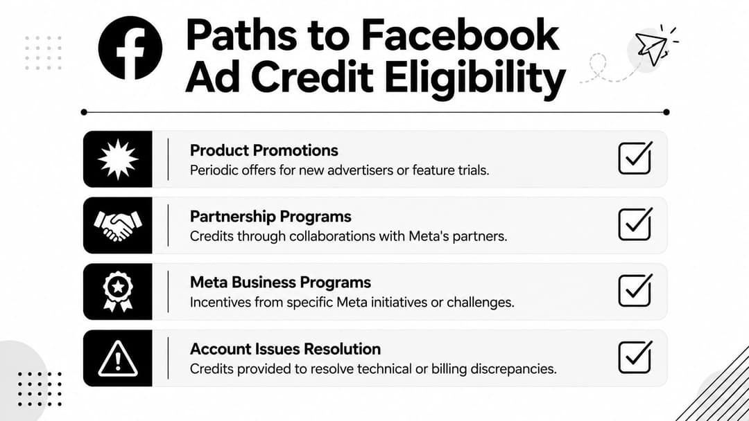 An infographic titled Paths to Facebook Ad Credit Eligibility listing four ways to receive advertising credits.