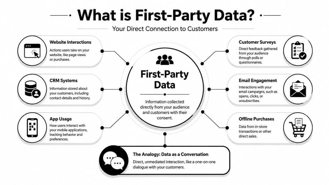 A diagram defining first-party data as information collected directly from audiences via various business channels.