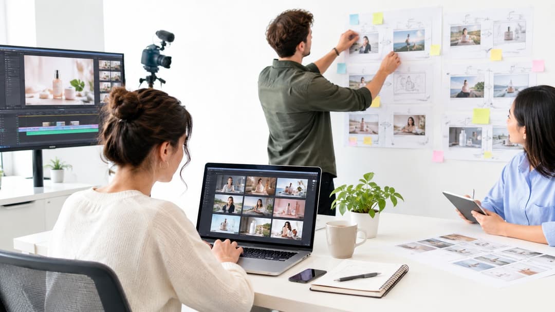 A professional creative team collaborates in an office, discussing video ad production strategies with storyboards and monitors.