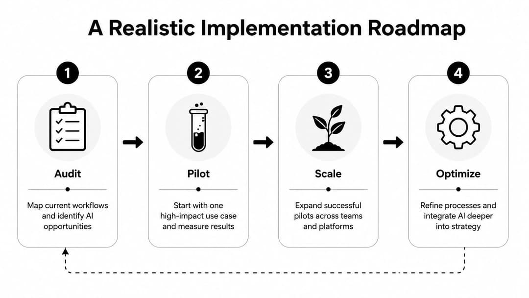 A four-step realistic AI implementation roadmap infographic showing Audit, Pilot, Scale, and Optimize phases.