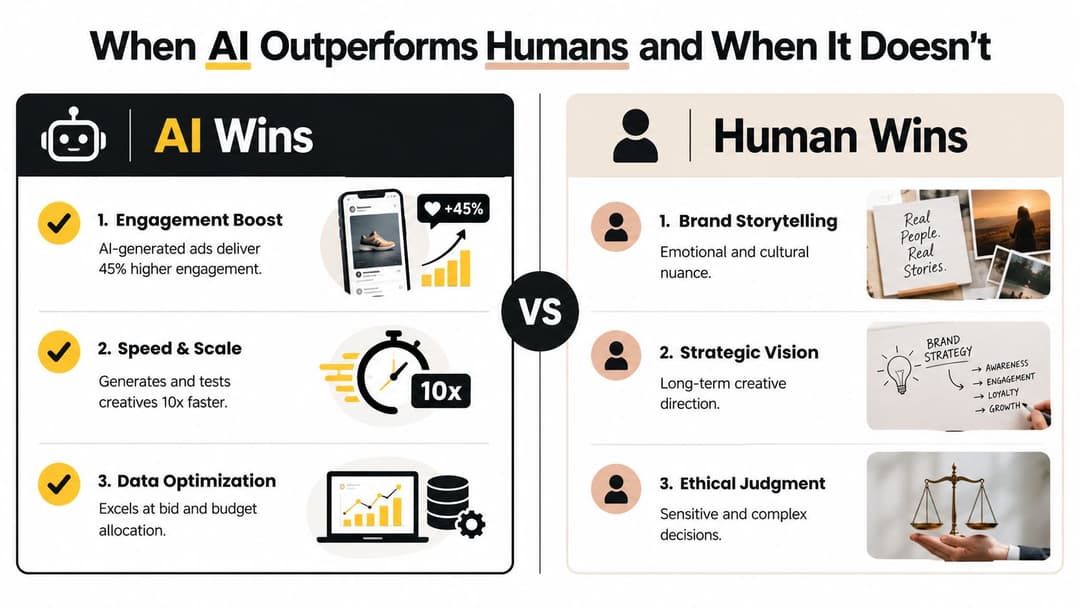 A comparison infographic showing three scenarios where AI outperforms humans and three where humans outperform AI.