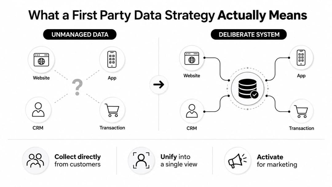 A diagram comparing unmanaged data versus a deliberate system for building a first party data strategy.