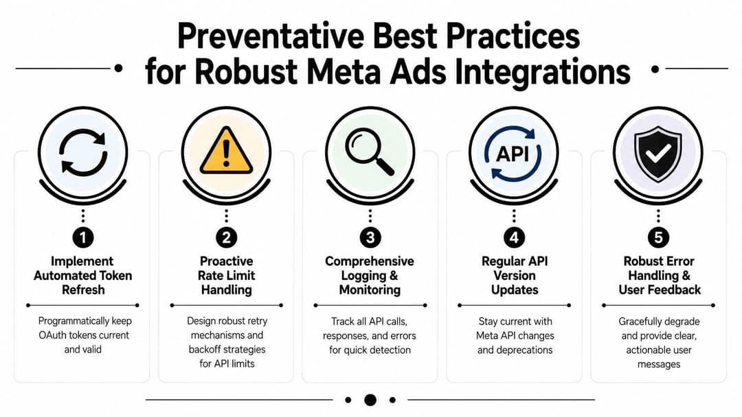 A diagram outlining five preventative best practices for building robust Meta Ads API integrations.