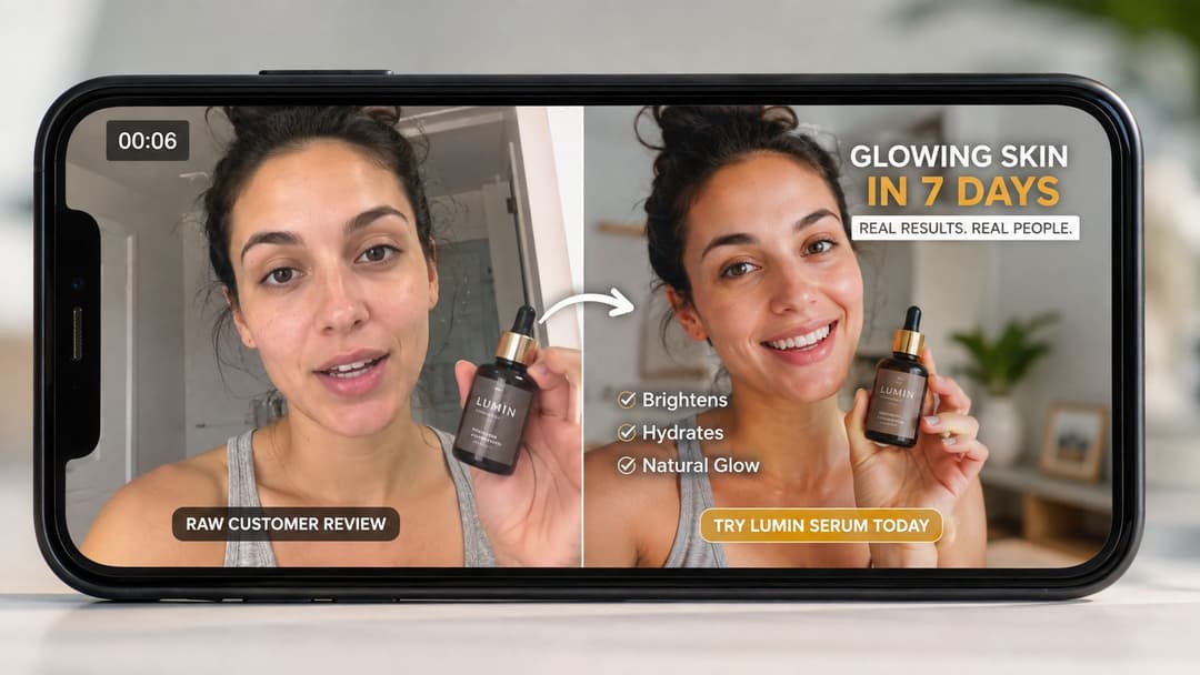 A split-screen mobile phone advertisement showcasing a customer review of Lumin serum for glowing skin results.
