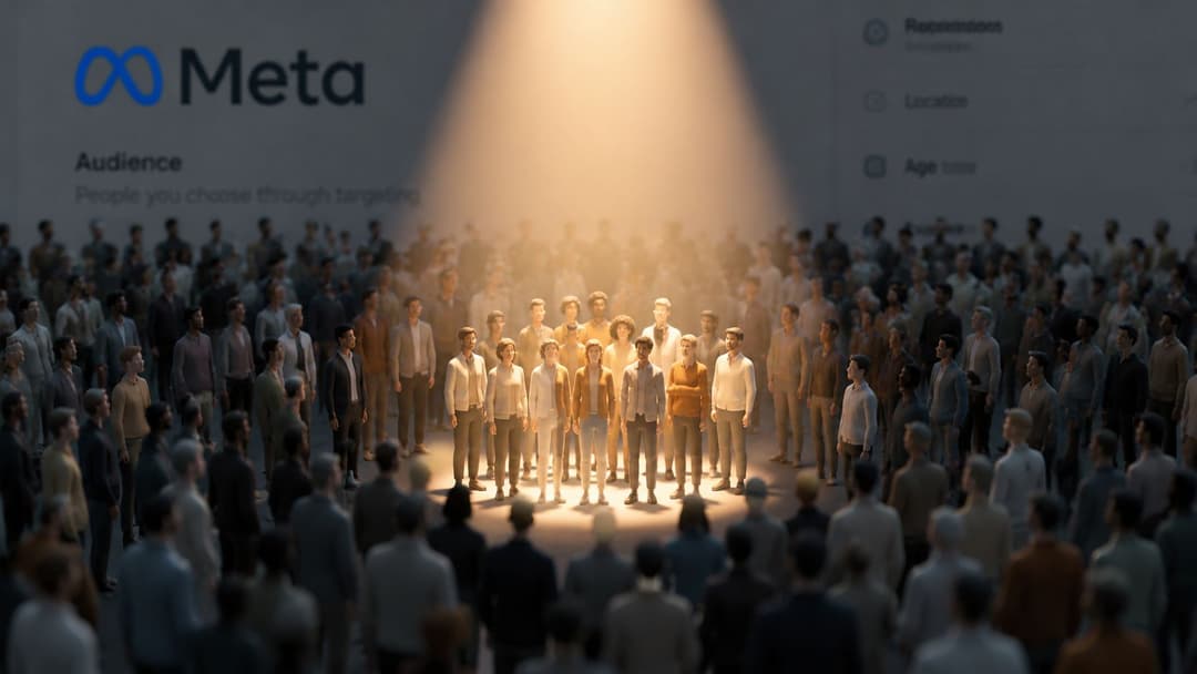 A group of people standing in a bright spotlight in front of a digital Meta logo