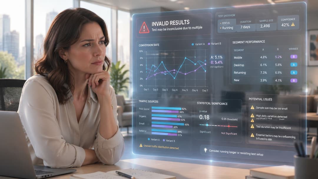 A professional woman analyzing data from an A/B control group test displayed on a futuristic holographic screen.
