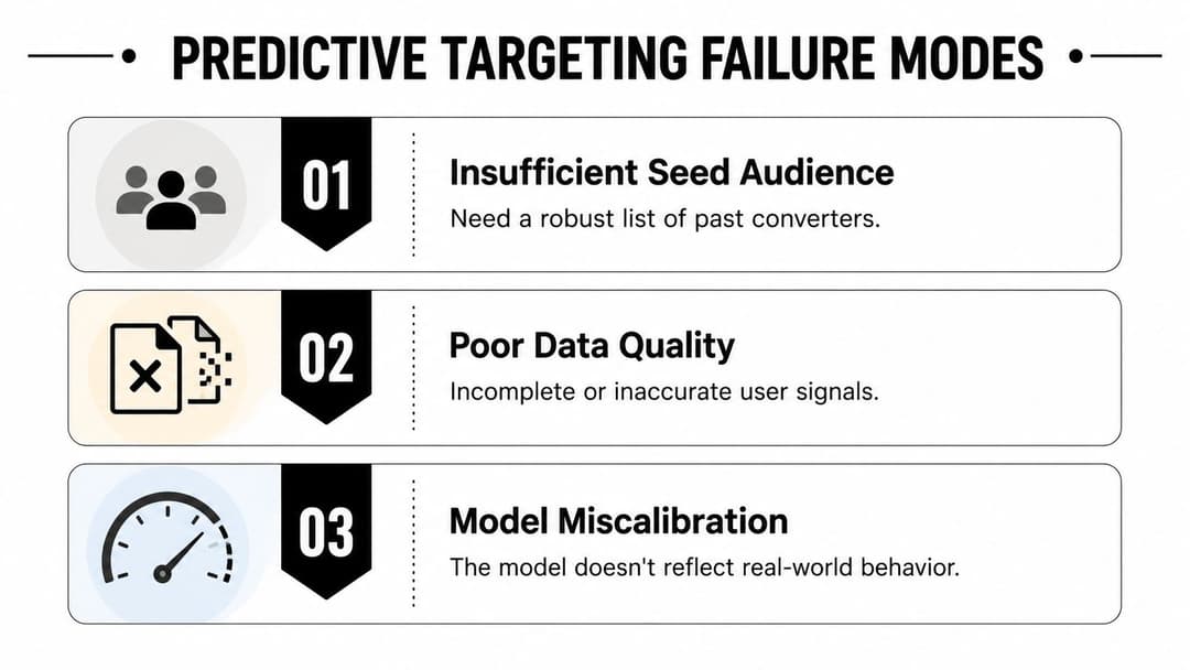 A graphic titled Predictive Targeting Failure Modes listing three common issues: insufficient seed audience, poor data quality, and model miscalibration.