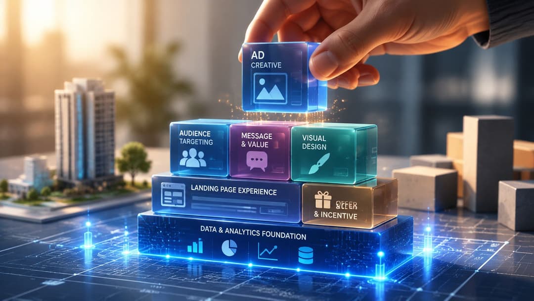A hand placing an Ad Creative block atop a digital marketing structure with data and analytics foundation.