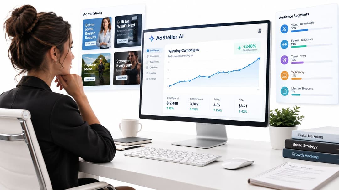 A professional woman viewing data analytics and marketing campaign performance on a computer monitor with AdStellar AI software.