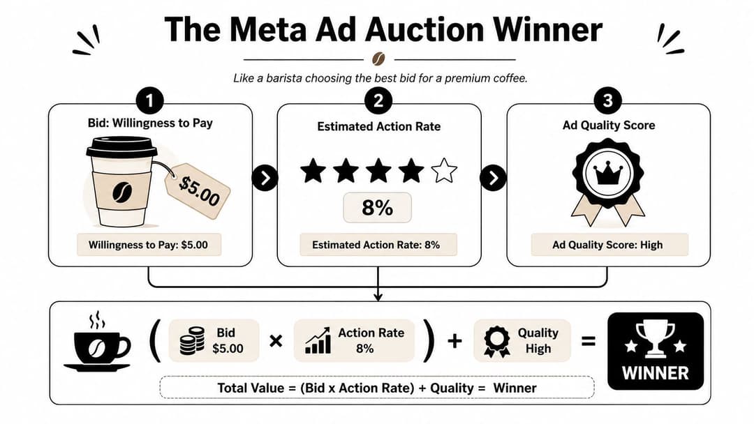 An infographic diagram explaining the Meta ad auction system through a three-step formula involving bid, action rate, and quality.