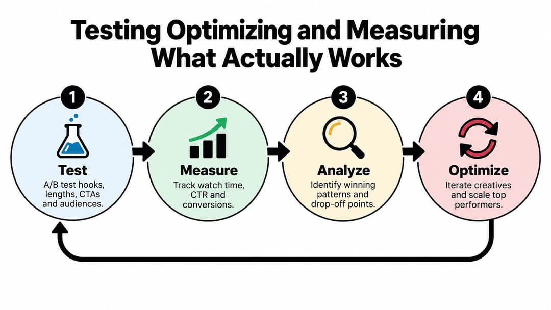 A four-step cycle diagram for testing, measuring, analyzing, and optimizing video ad performance to achieve success.