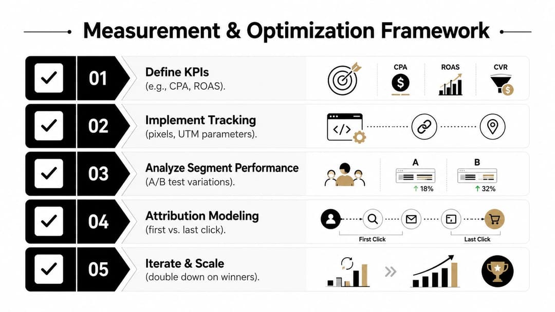 A five-step digital marketing Measurement and Optimization Framework infographic for improving campaign performance and tracking.