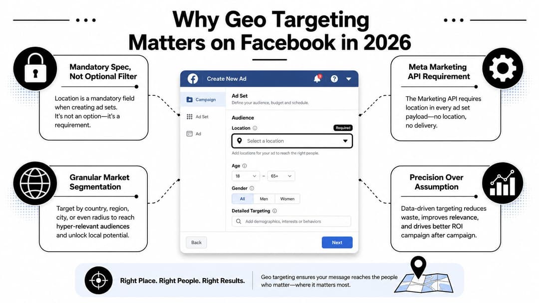 An infographic explaining why geo targeting is a mandatory requirement for Facebook ad sets in 2026.