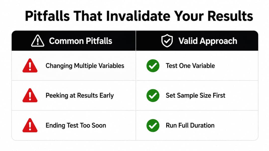 A table comparing common A/B testing pitfalls against valid testing approaches to ensure accurate research results.