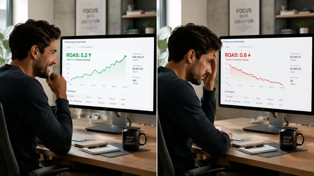 A split-screen comparison showing a marketer experiencing both high success and performance failure with digital advertising campaigns.