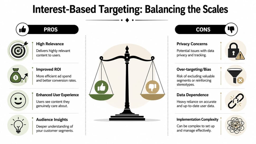 A balanced infographic comparing the pros and cons of interest-based targeting in digital marketing strategies.