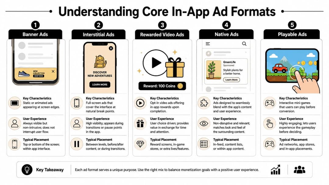 An infographic showing five core in-app advertising formats including banner, interstitial, rewarded video, native, and playable ads.