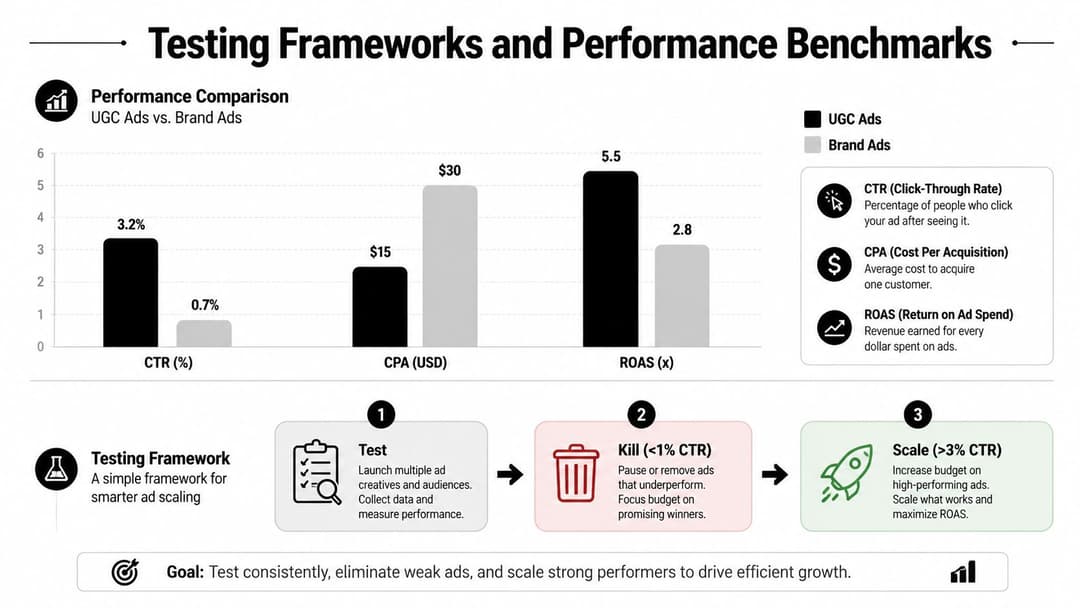 A performance comparison chart showing how user generated content ads outperform brand ads in key metrics.