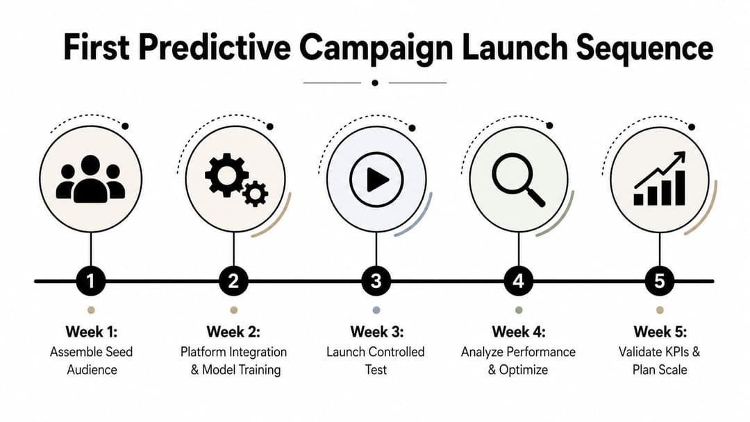 A five-step roadmap infographic outlining the First Predictive Campaign Launch Sequence from week one to week five.
