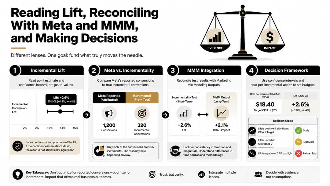 A strategic framework infographic showing how to reconcile lift test results, Meta data, and MMM outputs.