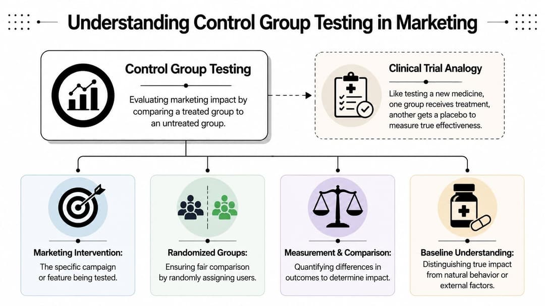 A diagram illustrating control group testing in marketing through an analogy to clinical trials and methodology.