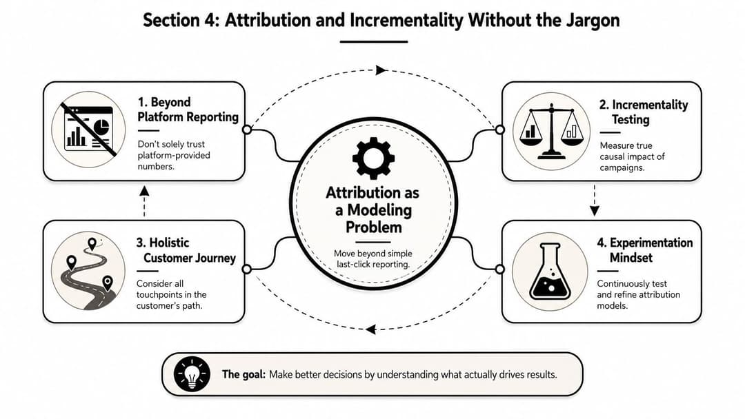 A diagram illustrating four key strategies for accurate marketing attribution and understanding campaign performance.