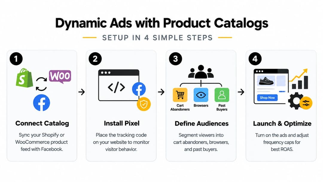 An infographic showing the four simple steps to set up dynamic ads with product catalogs on Facebook.
