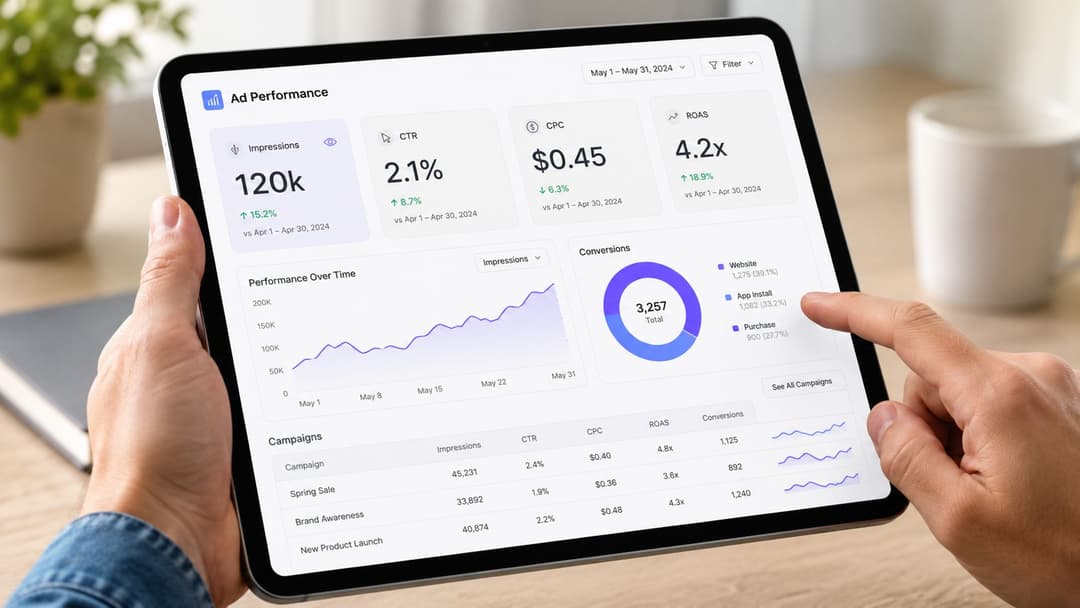 A person holding a tablet displaying a detailed paid social advertising analytics dashboard with performance metrics.