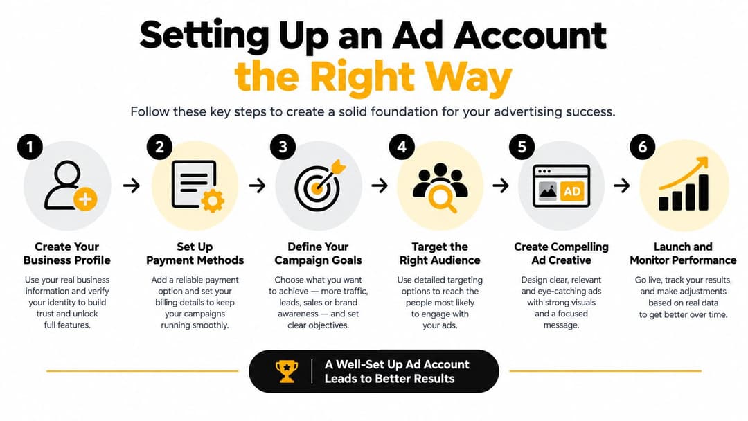 A six-step infographic showing how to set up an advertising account for business success and marketing goals.