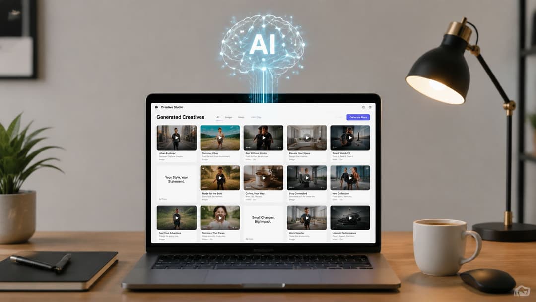 A laptop on a desk showing an AI-powered creative studio interface with generated social media images.