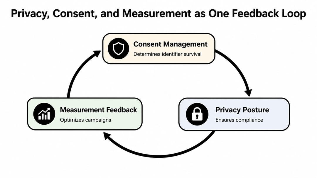 A diagram illustrating a feedback loop between consent management, privacy posture, and measurement feedback for marketing.