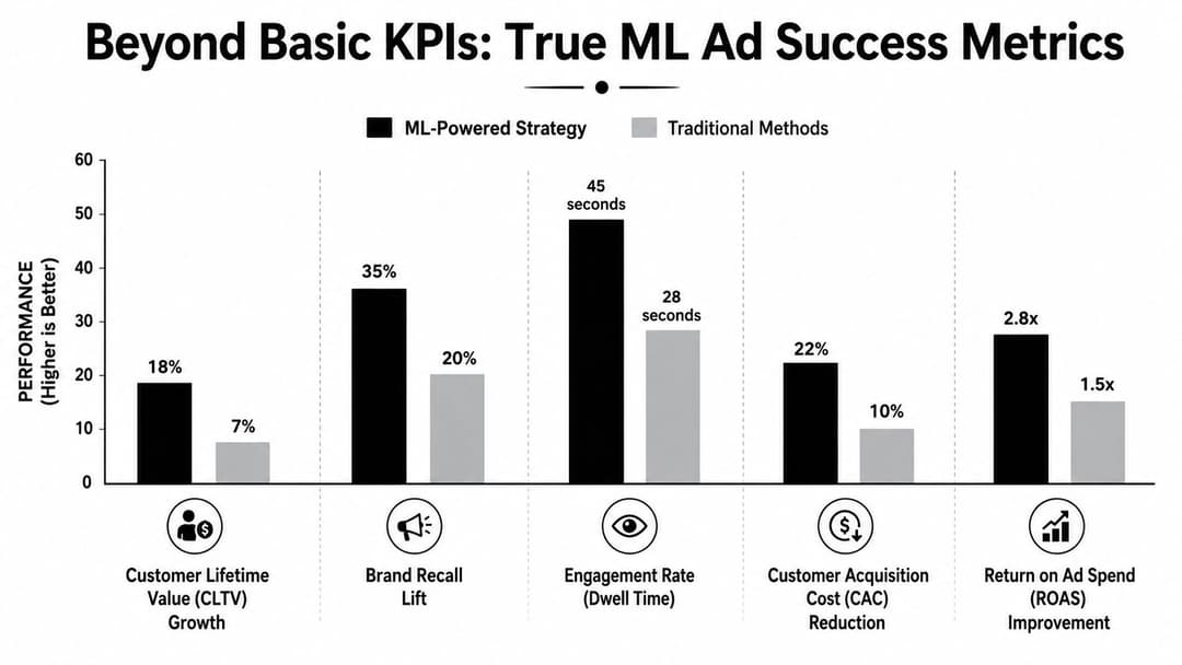 A bar chart comparing ML-powered strategy and traditional methods across five key advertising performance metrics.