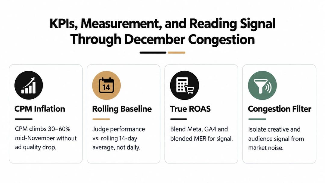 A graphic showing four key performance indicators for managing digital marketing during the December holiday period.