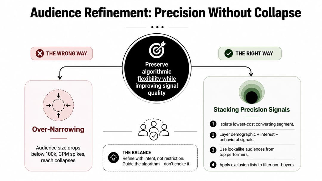 A diagram illustrating how to refine marketing audiences without collapsing reach, highlighting the right and wrong approaches.