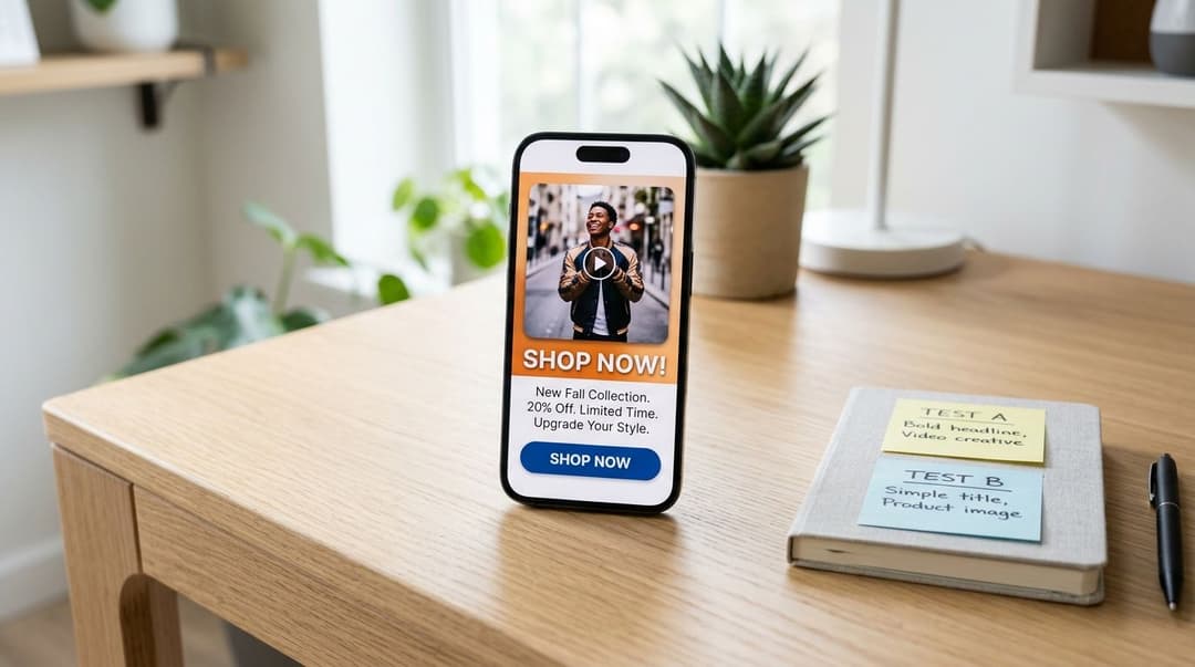 A smartphone on a wooden desk displaying a fashion advertisement with a shopping button next to sticky notes.
