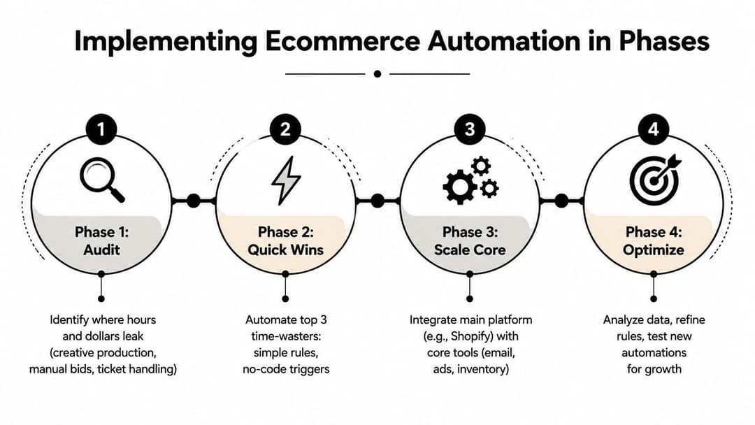 A four-phase diagram illustrating the strategic process of implementing ecommerce automation for business growth.